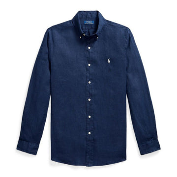 A dark navy blue long-sleeve button-down shirt by Polo Ralph Lauren, featuring a small embroidered polo player logo on the left chest, shown against a plain white background.