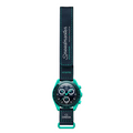 Omega x Swatch Speedmaster MoonSwatch watch with a black leather strap and turquoise case, shown vertically on a solid green background.