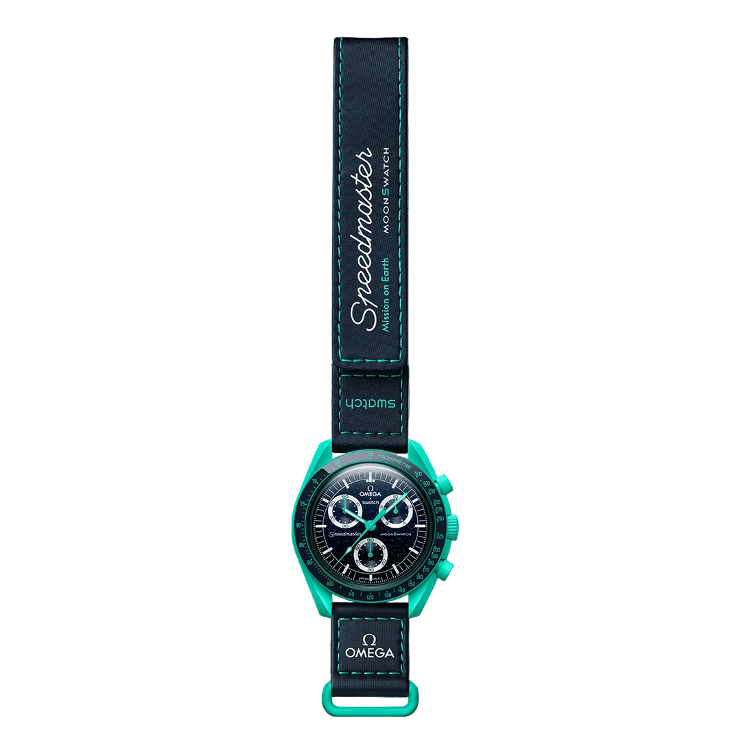 Omega x Swatch Speedmaster MoonSwatch watch with a black leather strap and turquoise case, shown vertically on a solid green background.