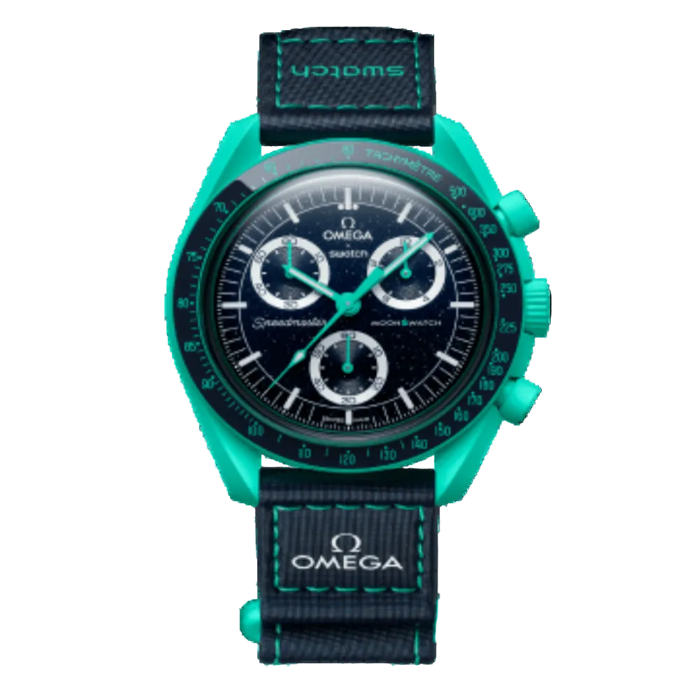 Omega x Swatch Swatchch Grandmaster watch featuring a vibrant turquoise green case, a black dial with white subdials and markers, and a textured black fabric strap with turquoise stitching.