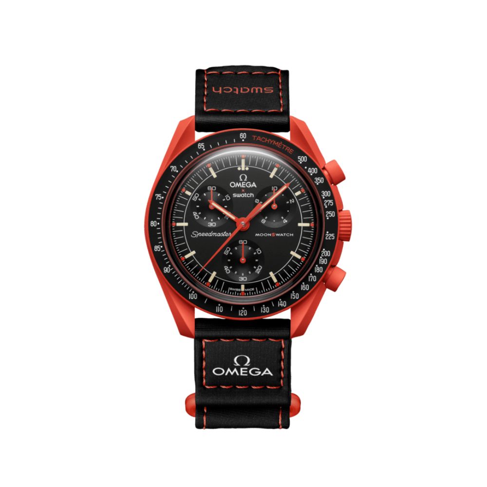 Omega x Swatch Speedmaster Professional 40mm watch with a bright orange-red case, black dial, and black leather strap with orange stitching, shown on a white background.