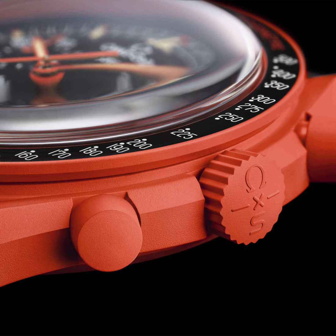 Omega x Swatch Speedmaster Professional 40mm watch with a bright orange-red case, black dial, and black leather strap with orange stitching, shown on a white background.