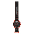 Omega x Speedmaster Race to the Ocean watch featuring a black leather strap with red stitching, a red case, and a black dial with red accents, shown against a plain white background.