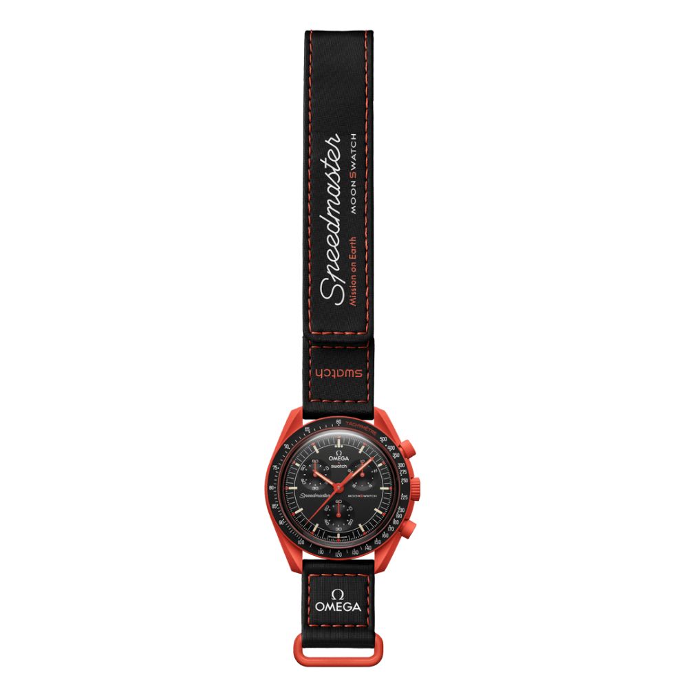 Omega x Speedmaster Race to the Ocean watch featuring a black leather strap with red stitching, a red case, and a black dial with red accents, shown against a plain white background.