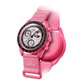 Pink Omega x Swatch Oyster Perpetual Chronograph watch with a pink strap and case, featuring a white dial with black and pink details, shown on a white background with a transparent ghost effect.