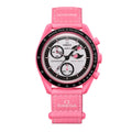 Pink Omega x Swatch Swatchmaster wristwatch with a pink rubber strap, black bezel, and white dial with black subdials.