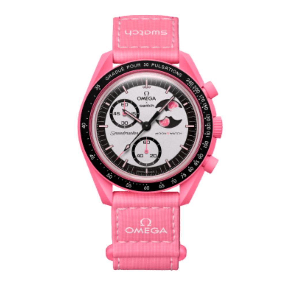 Pink Omega x Swatch Swatchmaster wristwatch with a pink rubber strap, black bezel, and white dial with black subdials.