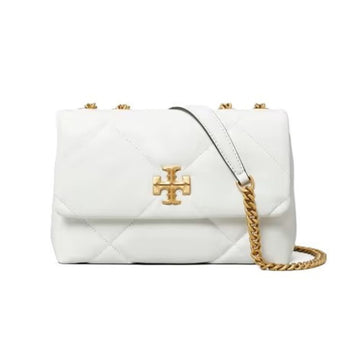 A white quilted leather handbag with a gold-tone cross logo on the front, gold studs, and a gold chain strap, shown against a plain white background.
