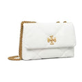 A white quilted leather shoulder bag with a gold-tone chain strap and a gold cross logo on the front flap, set against a plain white background.