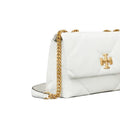 A white quilted leather shoulder bag with a gold-tone chain strap and a gold-tone cross logo on the front, shown against a plain white background.