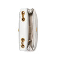 A white leather clutch handbag shown open from a top-down view, featuring gold-tone chain details and a light beige interior lining.