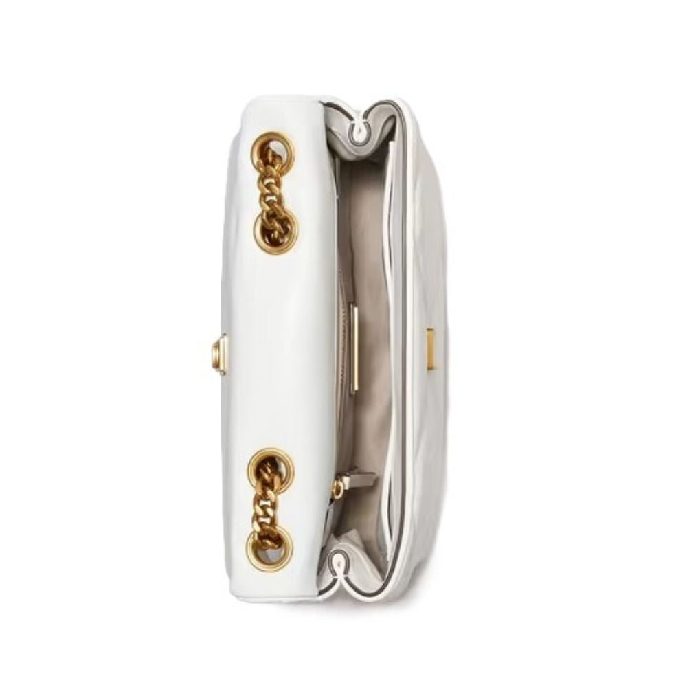 A white leather clutch handbag shown open from a top-down view, featuring gold-tone chain details and a light beige interior lining.