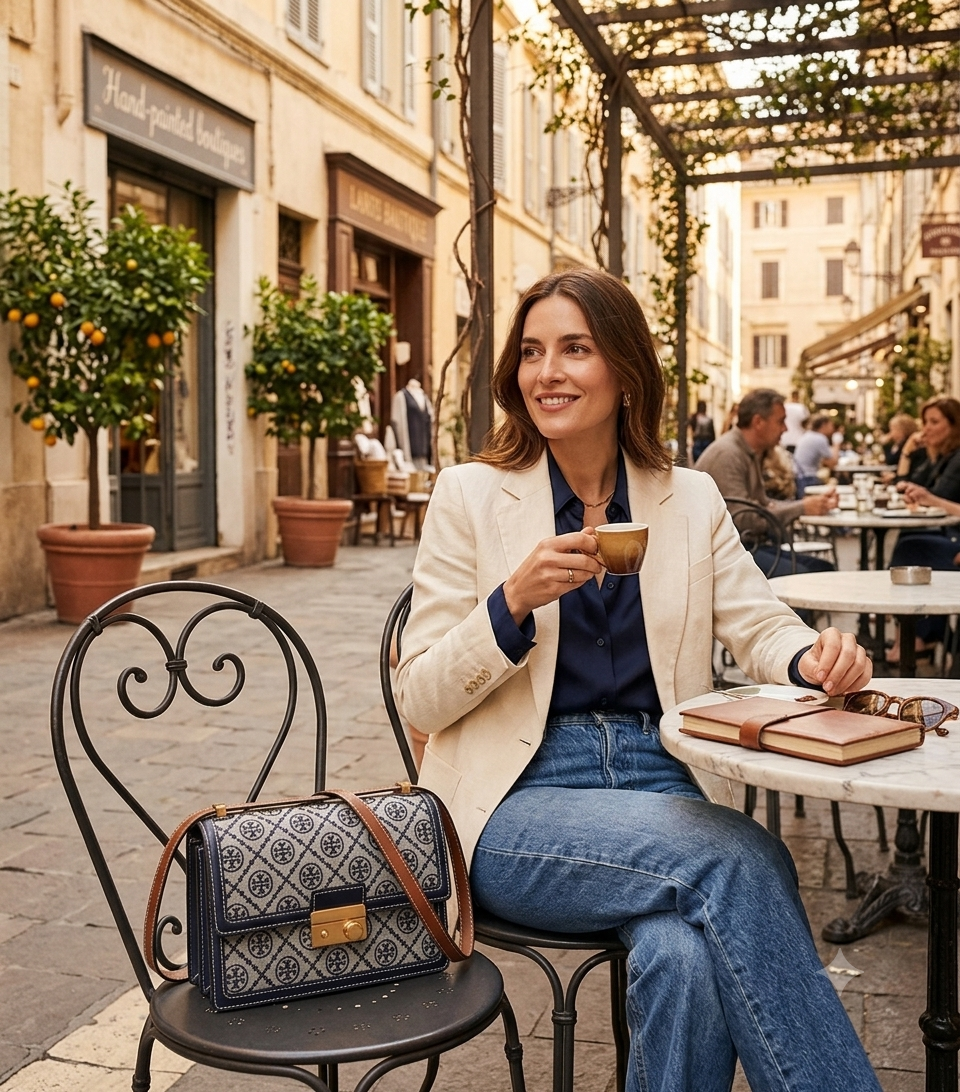 A woman sits at an outdoor cafe table holding a coffee cup, wearing a cream blazer, navy top, and blue jeans. A patterned navy and beige handbag with brown leather straps rests on the chair beside her.
