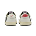 A pair of low-top sneakers shown from the back, featuring off-white leather panels, dark olive green overlays, a cream midsole, and red 'Air Jordan' wing logos on the heel tabs.
