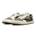 A pair of Nike Air Jordan 1 Retro Low sneakers in a colorway of olive green, cream, and black. The shoes feature olive green suede overlays, cream leather panels, a black Swoosh, and white laces, set against a plain white background.