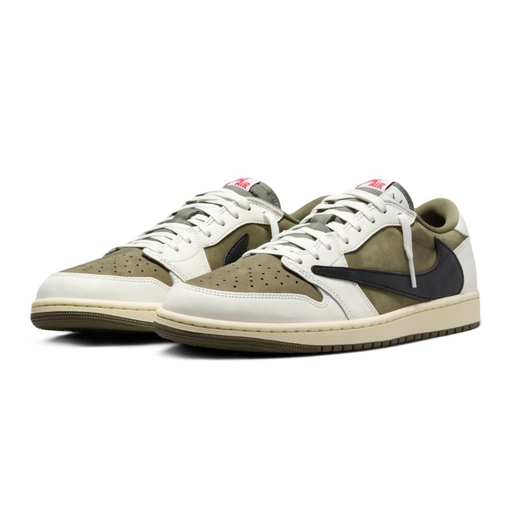 A pair of Nike Air Jordan 1 Retro Low sneakers in a colorway of olive green, cream, and black. The shoes feature olive green suede overlays, cream leather panels, a black Swoosh, and white laces, set against a plain white background.