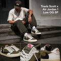 A collage showing Travis Scott wearing a Travis Scott x Air Jordan 1 Low OG SP sneaker in 'Medium Olive' colorway, sitting on outdoor stone steps. The main image features Travis Scott, while the bottom row consists of three close-up product detail shots of the sneaker from different angles.
