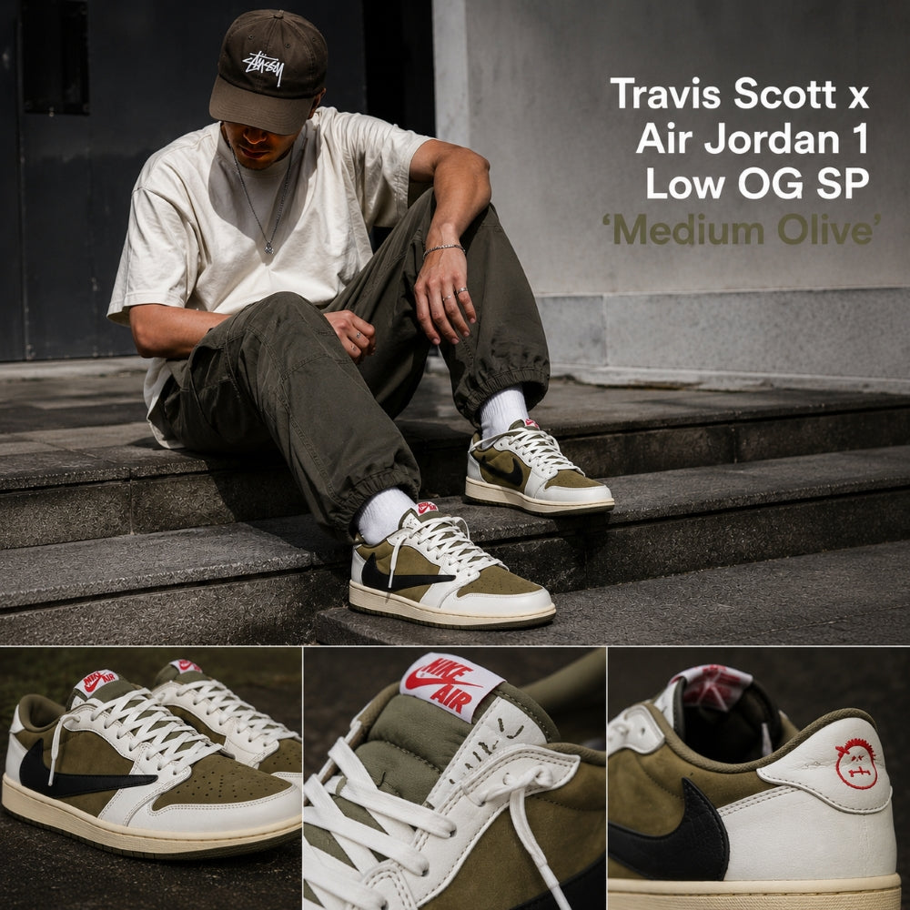 A collage showing Travis Scott wearing a Travis Scott x Air Jordan 1 Low OG SP sneaker in 'Medium Olive' colorway, sitting on outdoor stone steps. The main image features Travis Scott, while the bottom row consists of three close-up product detail shots of the sneaker from different angles.