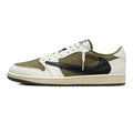 A low-top Nike sneaker in a color-blocked design featuring off-white leather, olive green suede panels, a black leather Swoosh, and a cream midsole.