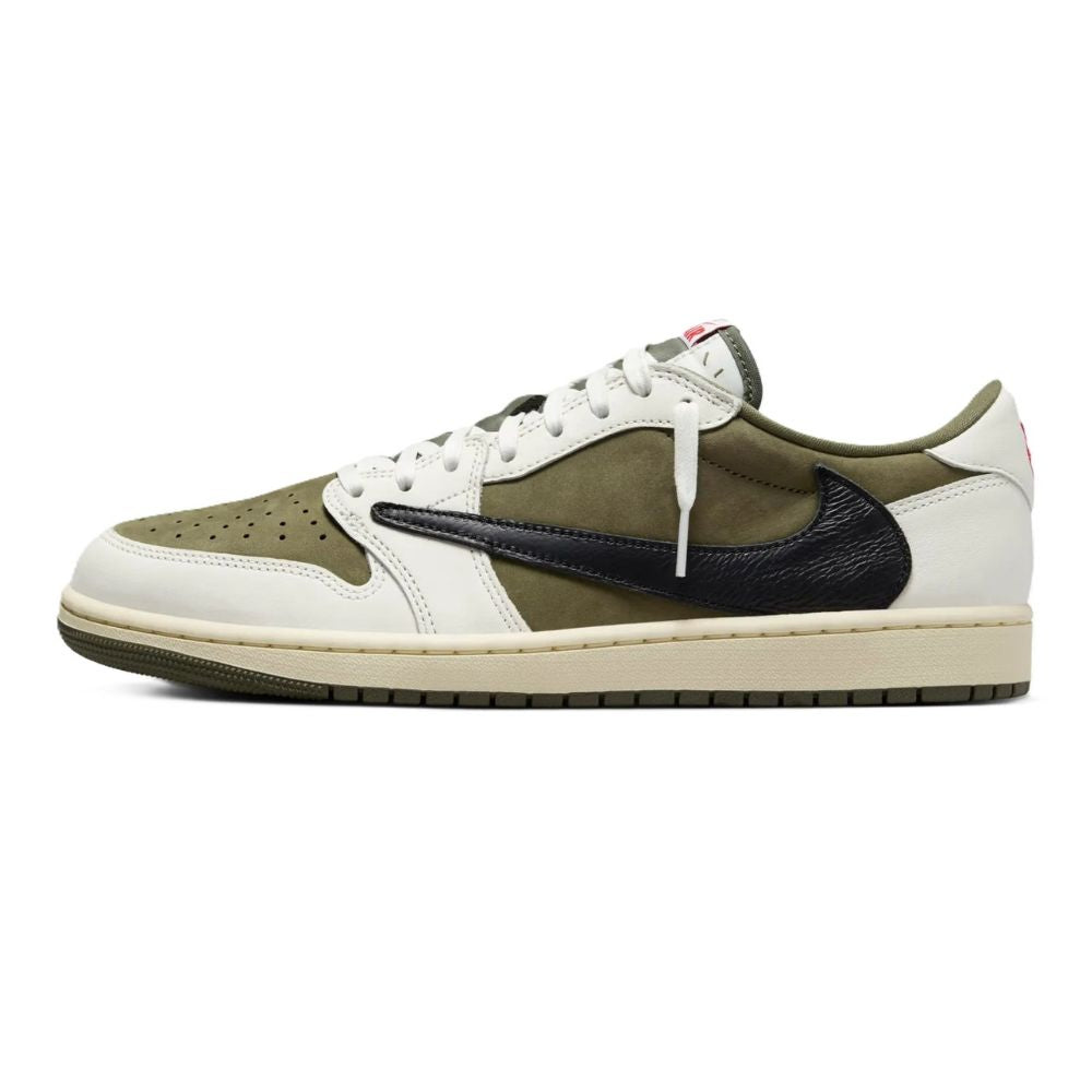 A low-top Nike sneaker in a color-blocked design featuring off-white leather, olive green suede panels, a black leather Swoosh, and a cream midsole.