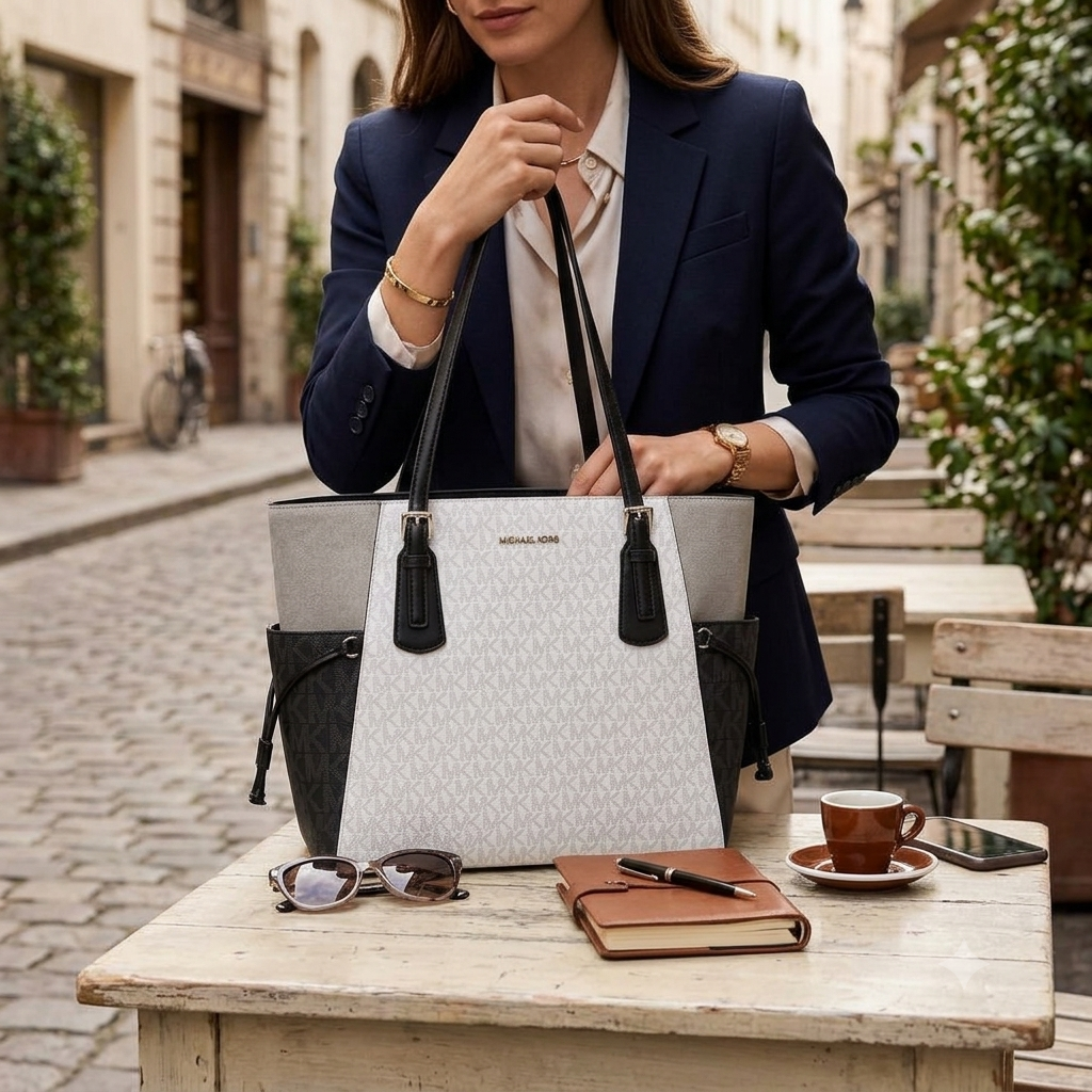Michael Kors tote bag in white monogram canvas with black leather trim, double shoulder straps, and black side pockets, shown on a plain white background.