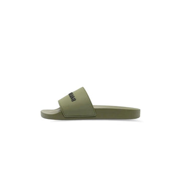 Balenciaga Logo Print Pool Slides - Khaki