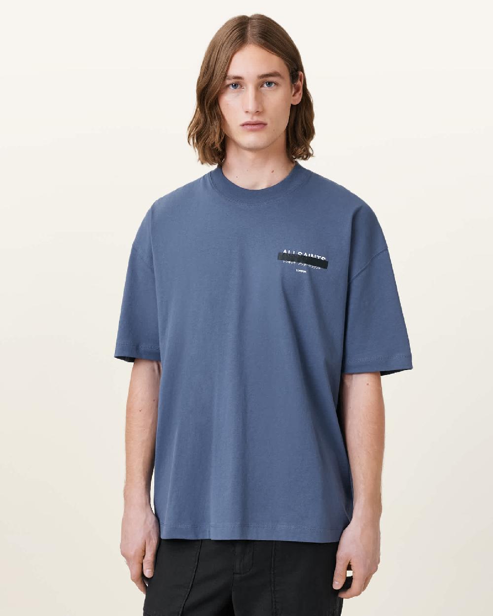 All Saints Redact Oversized Embroidered Logo T-Shirt 'Amalfi Blue'