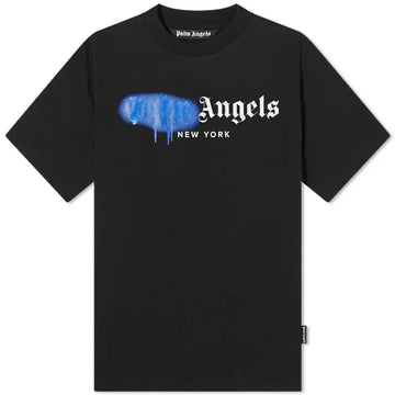 PALM ANGELS NY SPRAYED LOGO BLACK BLUE TEE